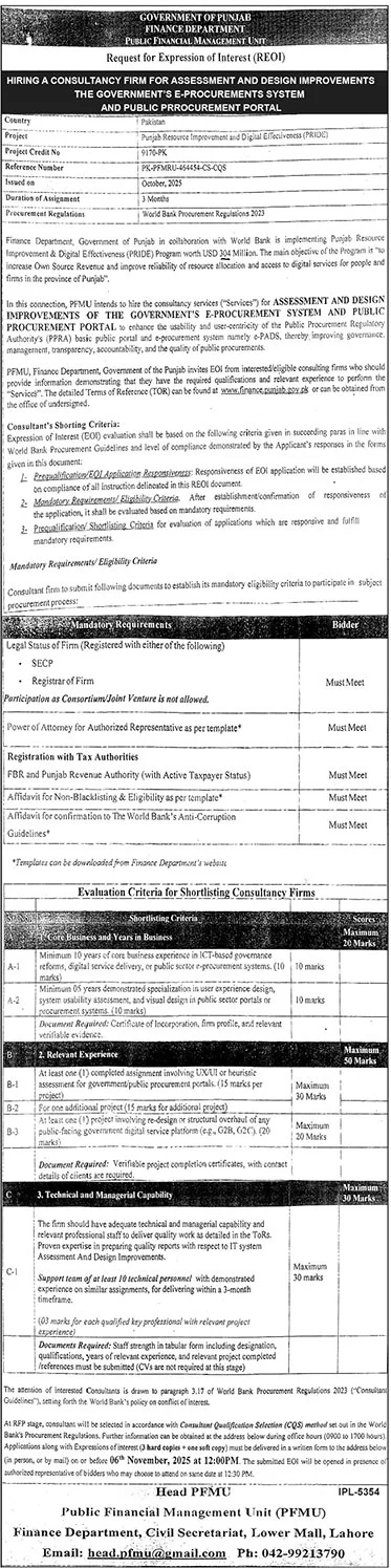 Finance Department Tender Notice